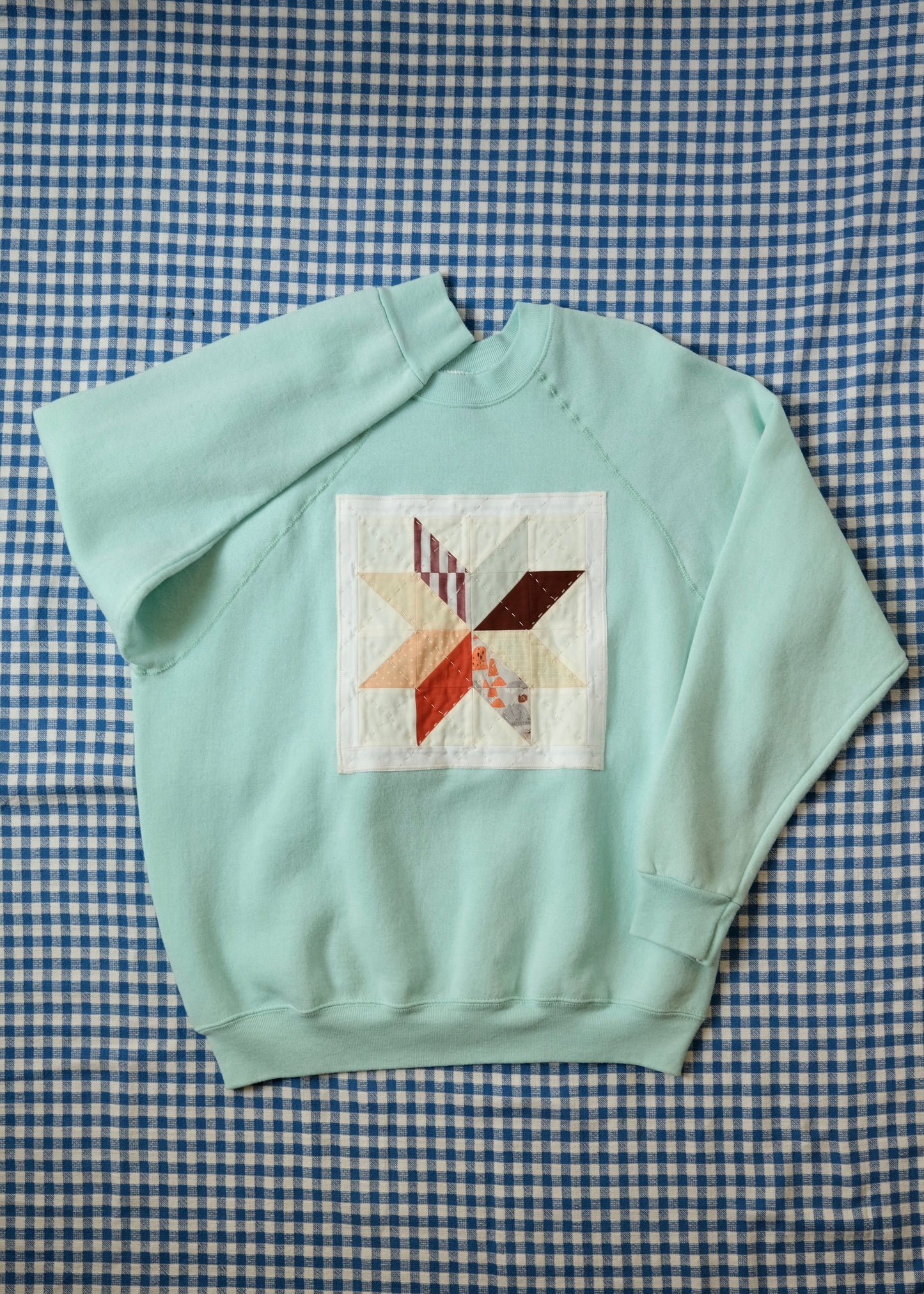 Quilted Star Crew Neck Sweatshirt in Aqua- Large