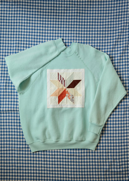 Quilted Star Crew Neck Sweatshirt in Aqua- Large