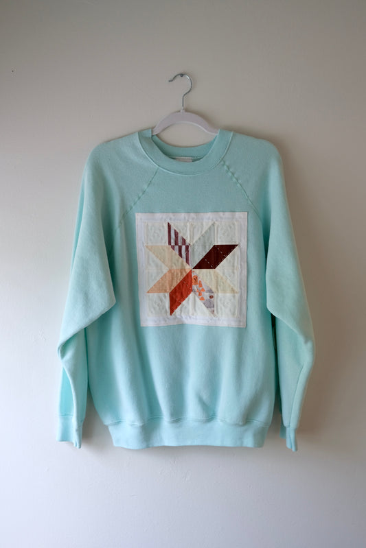 Quilted Star Crew Neck Sweatshirt in Aqua- Large