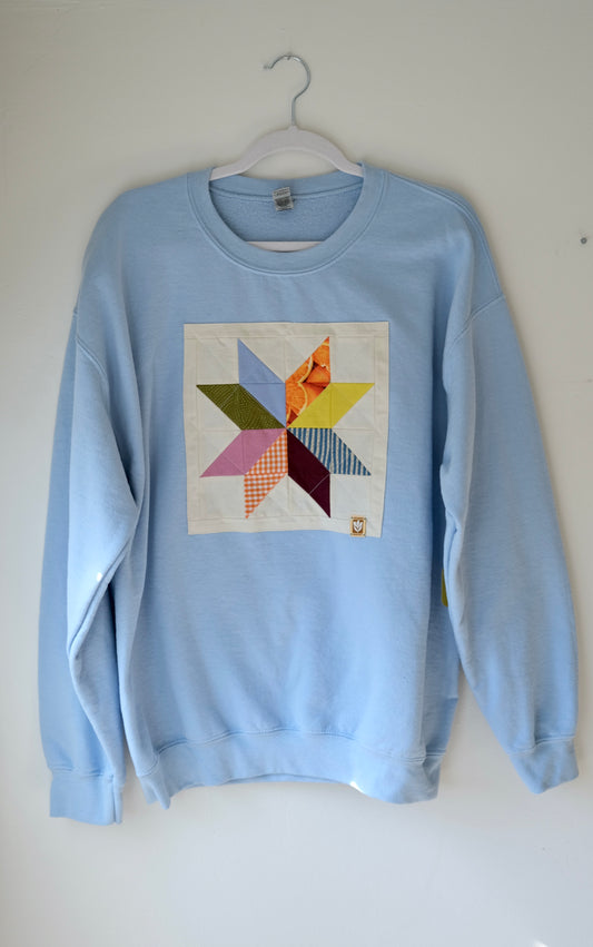 Quilted Star Crew Neck Sweatshirt in Light Blue- Large