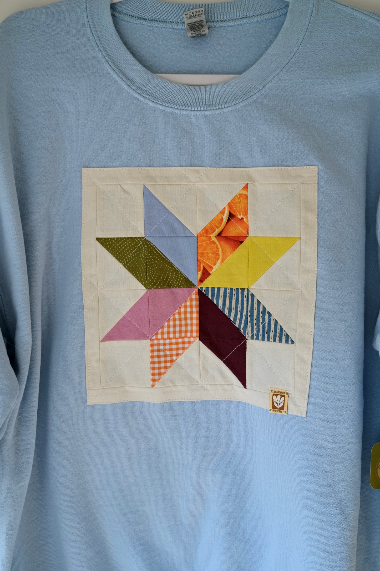 Quilted Star Crew Neck Sweatshirt in Light Blue- Large