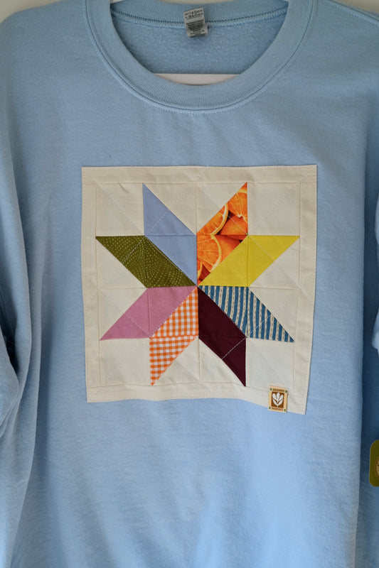 Quilted Star Crew Neck Sweatshirt in Light Blue- Large
