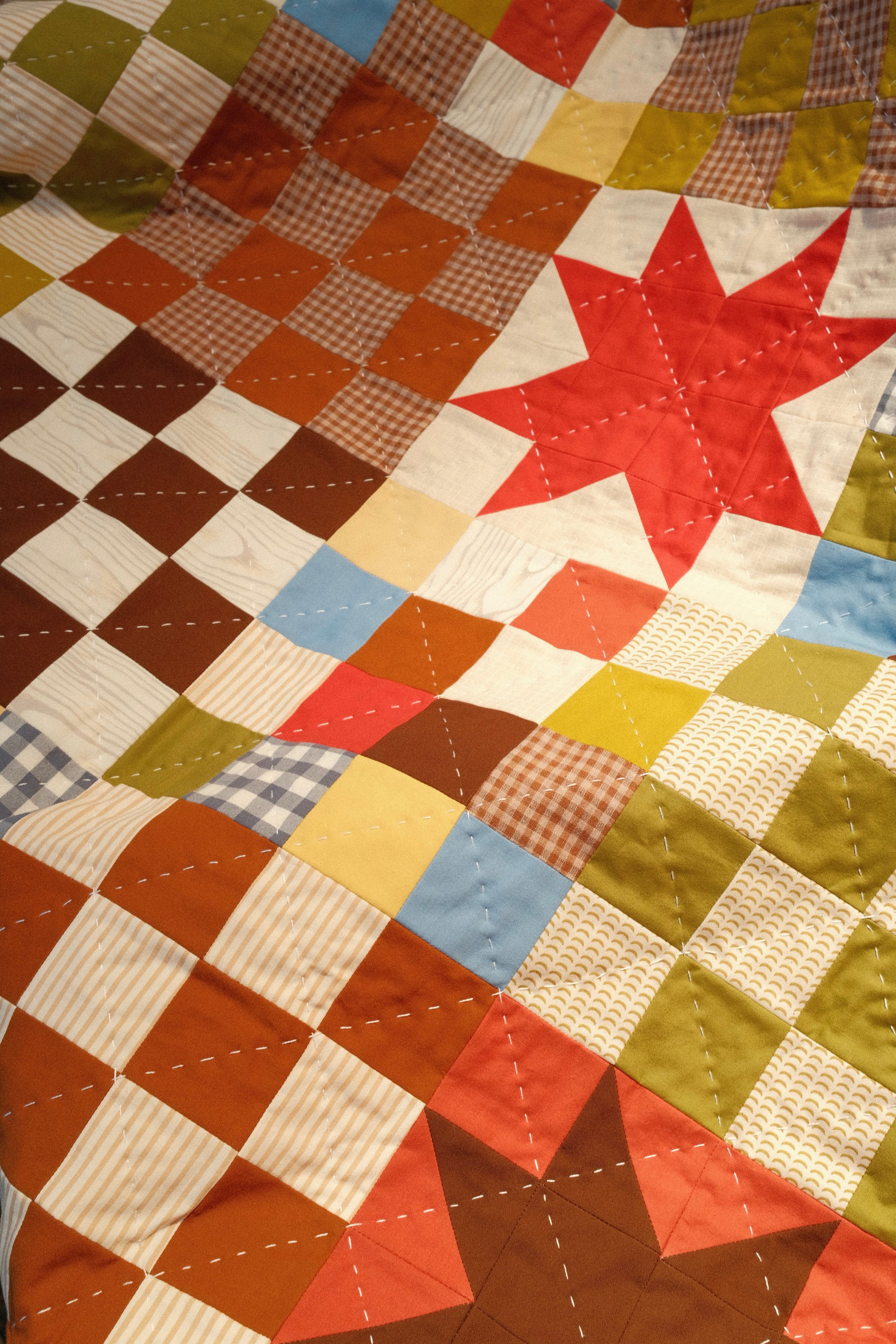 Quilt with a red star design on a patchwork background